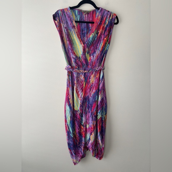 Charlie Jade Women's Multicolor 100% Silk Belted Faux Wrap Dress Size XS - Picture 3 of 9